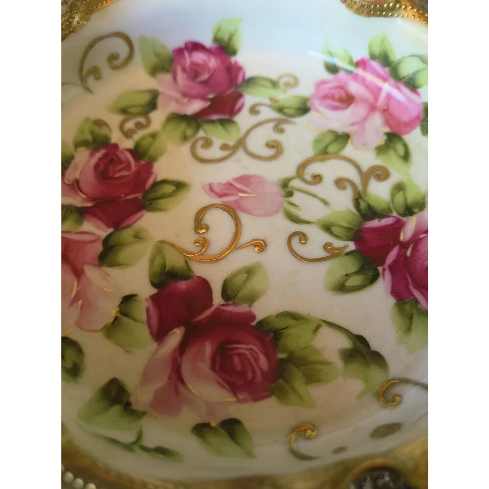 Antique Nippon Hand Painted Rose Porcelain Bowl Gold Trim c.1890s
